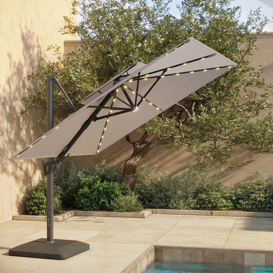 Seasons Sentry 10' Square Grey 2-Tier Solar LED Aluminum Cantilever Umbrella With Base