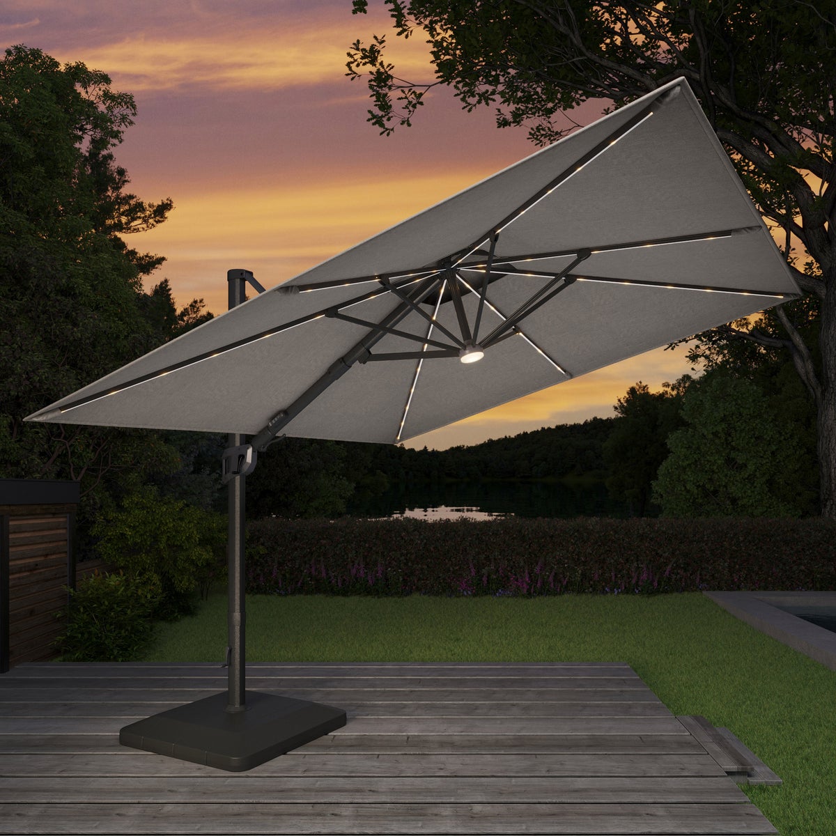 Seasons Sentry 10' Square Grey 2-Tier Solar LED Aluminum Cantilever Umbrella With Base