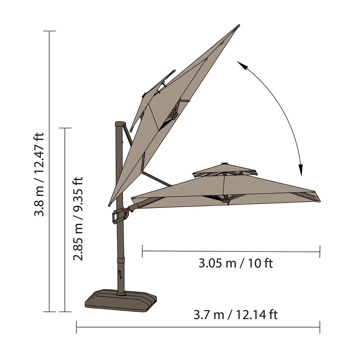 Seasons Sentry 10' Square Grey 2-Tier Solar LED Aluminum Cantilever Umbrella With Base