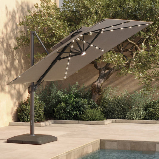 Seasons Sentry Tan 10' Square 2-Tier Solar LED Aluminum Cantilever Umbrella With Base