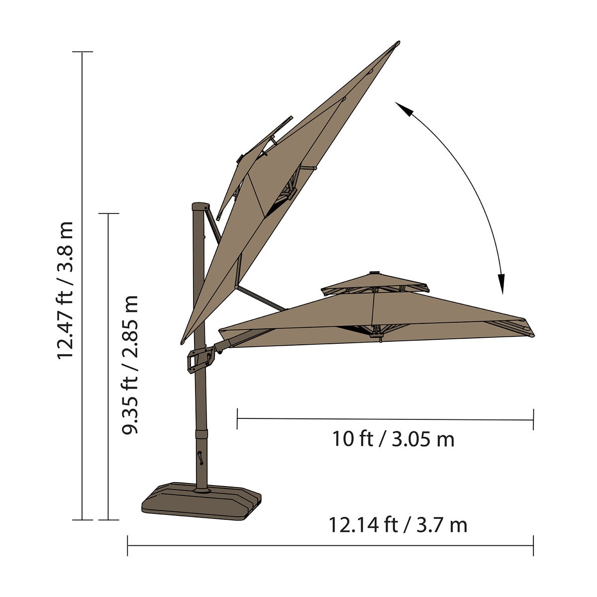 Seasons Sentry Tan 10' Square 2-Tier Solar LED Aluminum Cantilever Umbrella With Base