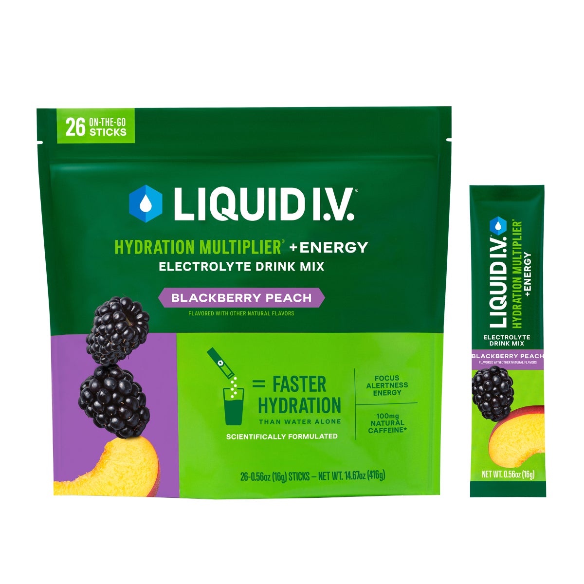 Liquid I.V. Energy Multiplier, 26 Individual Serving Stick Packs in Resealable Pouch, Blackberry Peach