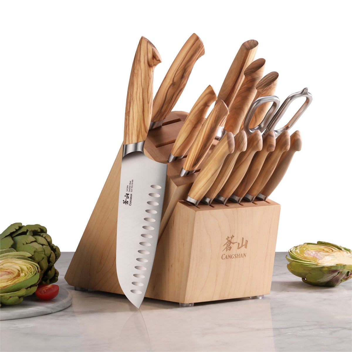 NEW - Cangshan OLIV Series Swedish Steel 15-Piece Knife Block Set, Maple Block