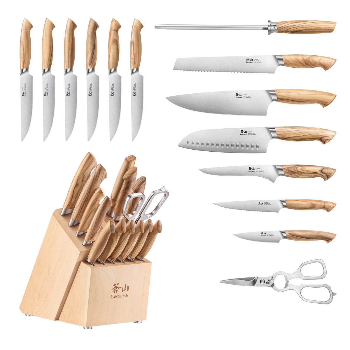 NEW - Cangshan OLIV Series Swedish Steel 15-Piece Knife Block Set, Maple Block