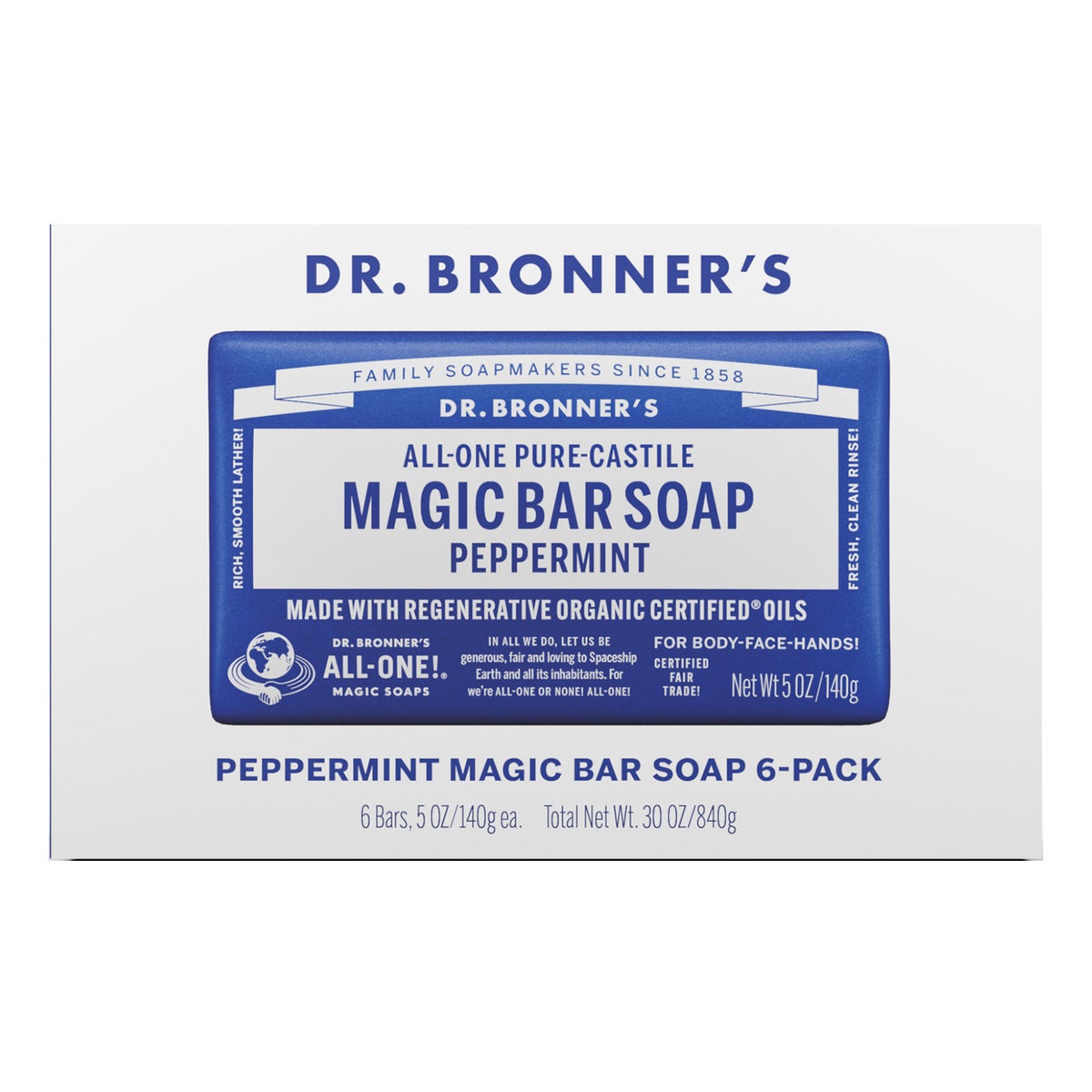 NEW - Dr Bronner's Pure Castille Peppermint Bar Soap, 6-pack