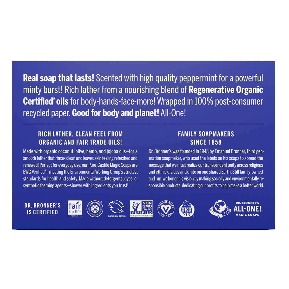NEW - Dr Bronner's Pure Castille Peppermint Bar Soap, 6-pack