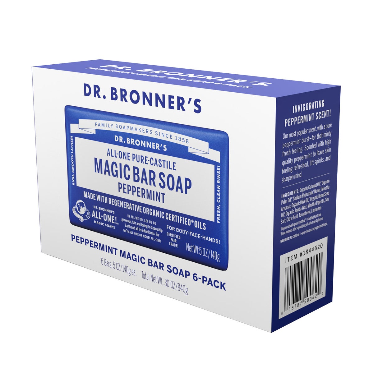NEW - Dr Bronner's Pure Castille Peppermint Bar Soap, 6-pack
