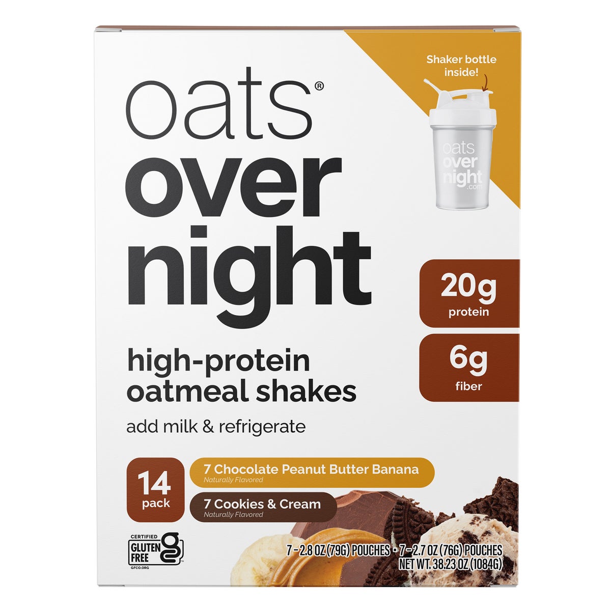 Oats Overnight Variety Pack, 20g Protein Shake, Cookies & Cream & Chocolate Peanut Butter Banana  (14-pack + BlenderBottle)