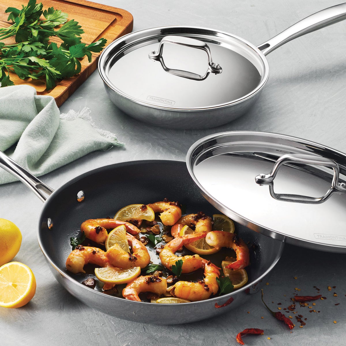 Tramontina 4-piece Stainless Steel Fry Pan Set with Ceramic Nonstick Interior and Lids