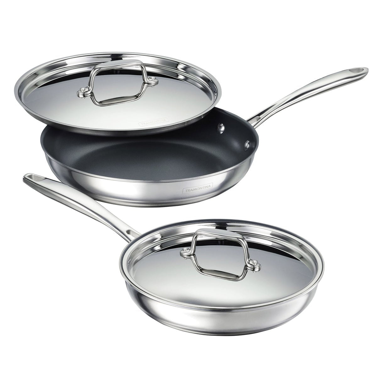 Tramontina 4-piece Stainless Steel Fry Pan Set with Ceramic Nonstick Interior and Lids