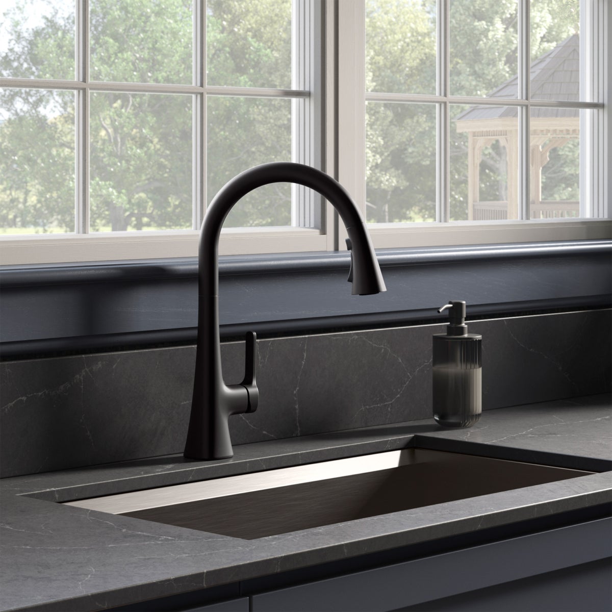 NEW - Kohler Guild Matte Black Pull-down Kitchen Sink Faucet with Three-function Sprayhead