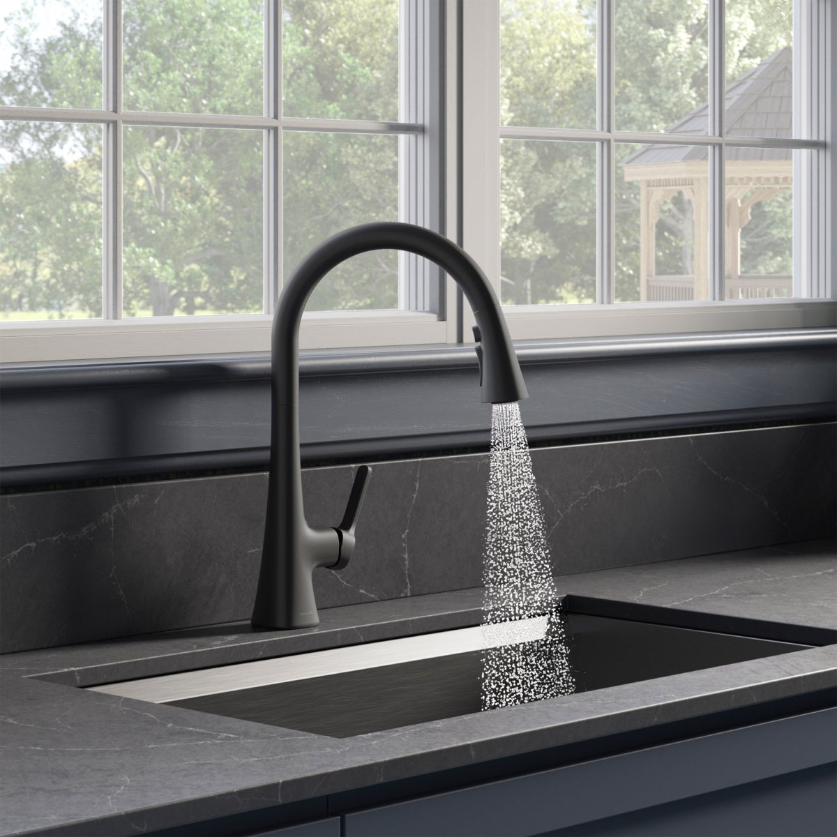 NEW - Kohler Guild Matte Black Pull-down Kitchen Sink Faucet with Three-function Sprayhead