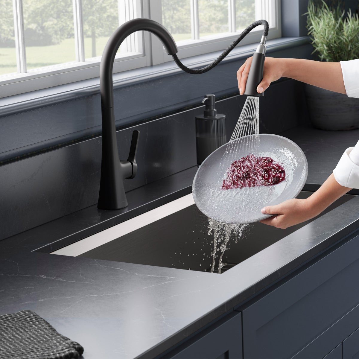 NEW - Kohler Guild Matte Black Pull-down Kitchen Sink Faucet with Three-function Sprayhead