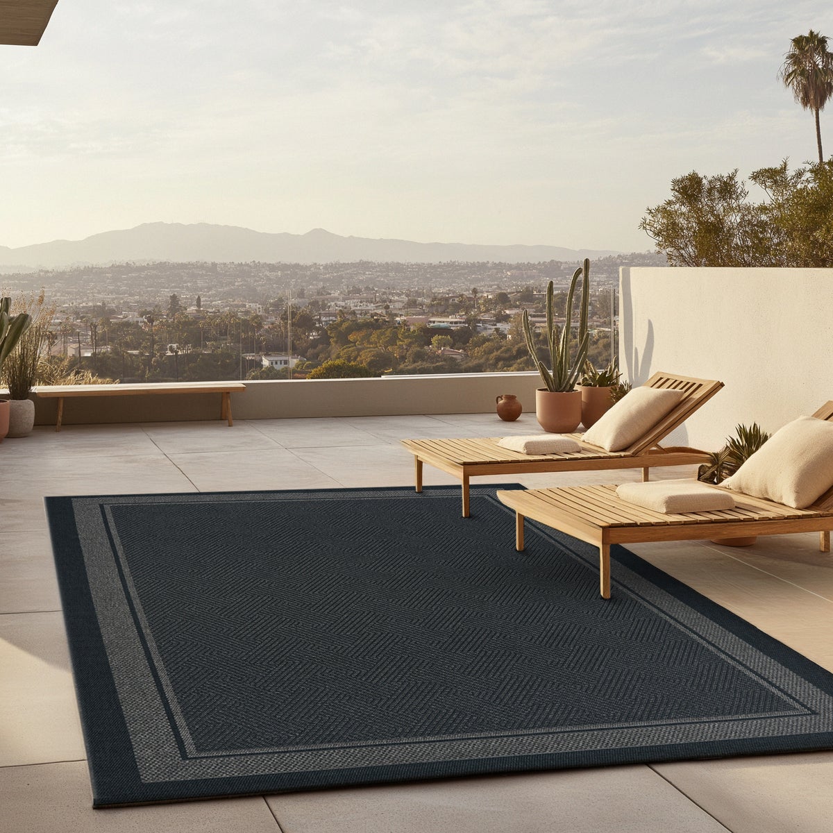 Ravenna Indoor/Outdoor Rug, Geo Border Charcoal, Rug Size: 6 ft. 6 in. x 9 ft. 6 in.