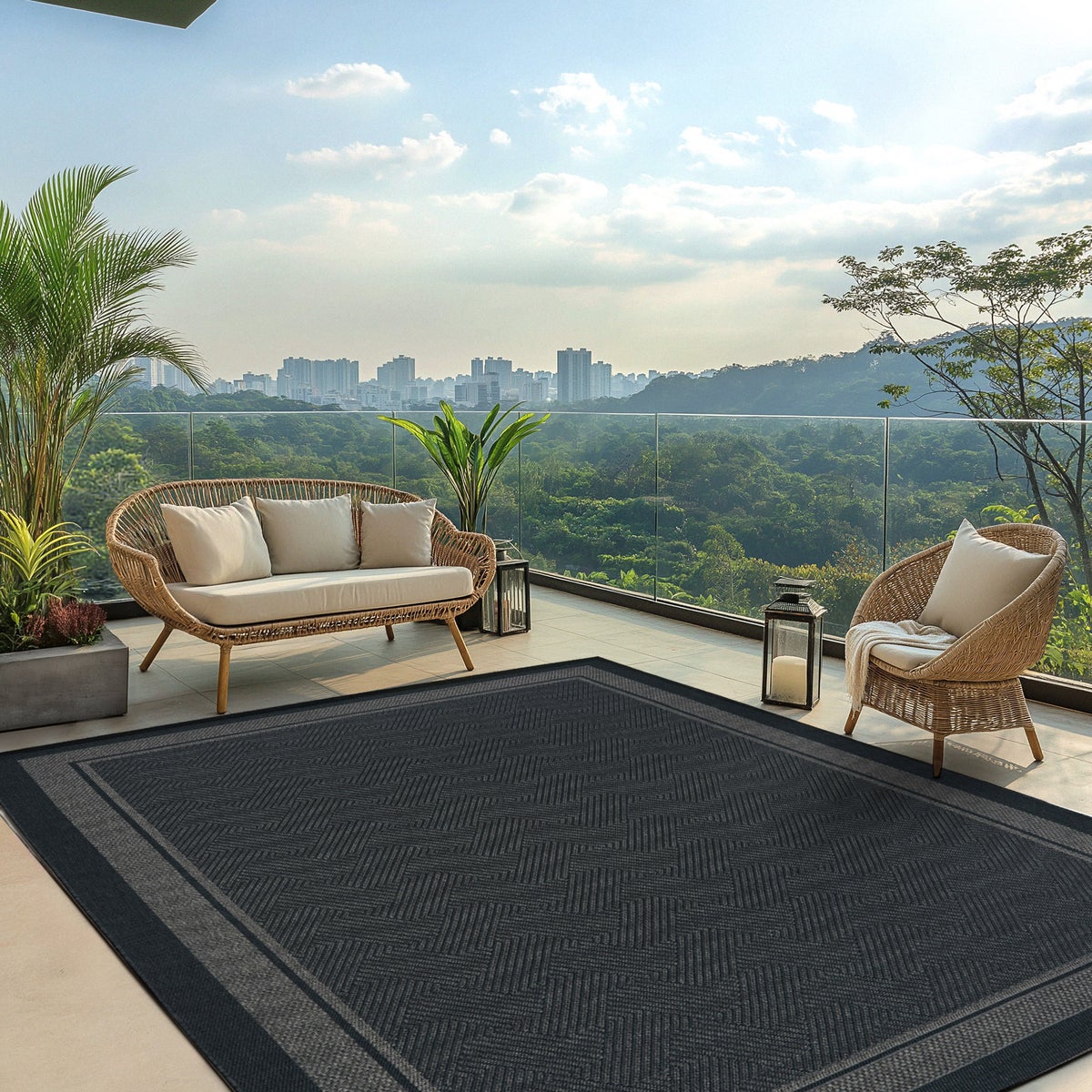 Ravenna Indoor/Outdoor Rug, Geo Border Charcoal, Rug Size: 8 ft. 8 in. x 13 ft.