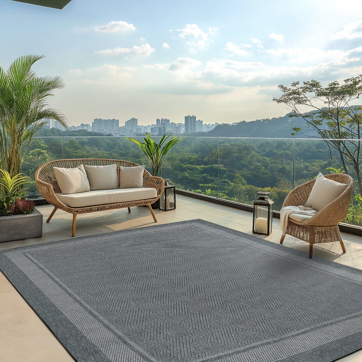 Ravenna Indoor/Outdoor Rug, Geo Border Silver, Rug Size: 8 ft. 8 in. x 13 ft.