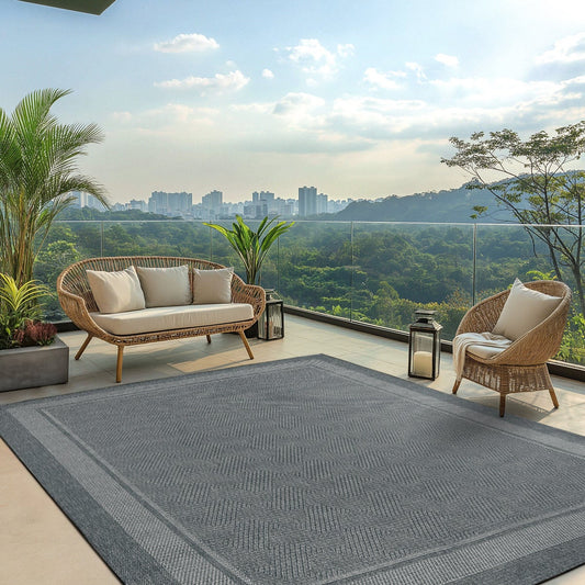Ravenna Indoor/Outdoor Rug, Geo Border Silver, Rug Size: 8 ft. 8 in. x 13 ft.