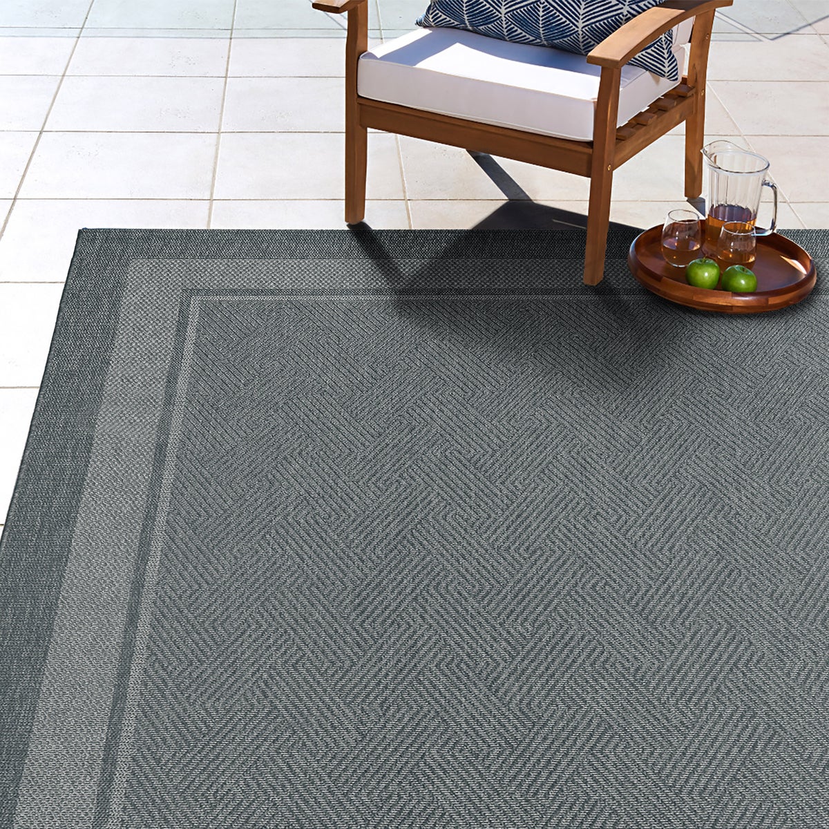 Ravenna Indoor/Outdoor Rug, Geo Border Silver, Rug Size: 8 ft. 8 in. x 13 ft.
