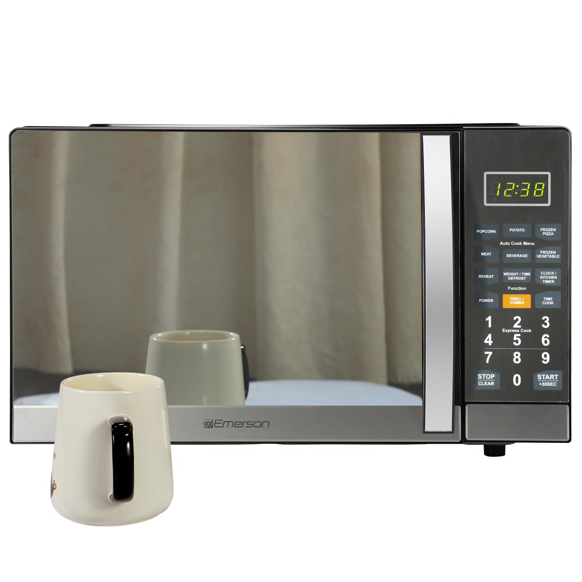 NEW - Emerson 1.1 CF, 1100W, Stainless Steel, Mirror Finish, Microwave Oven With Grill