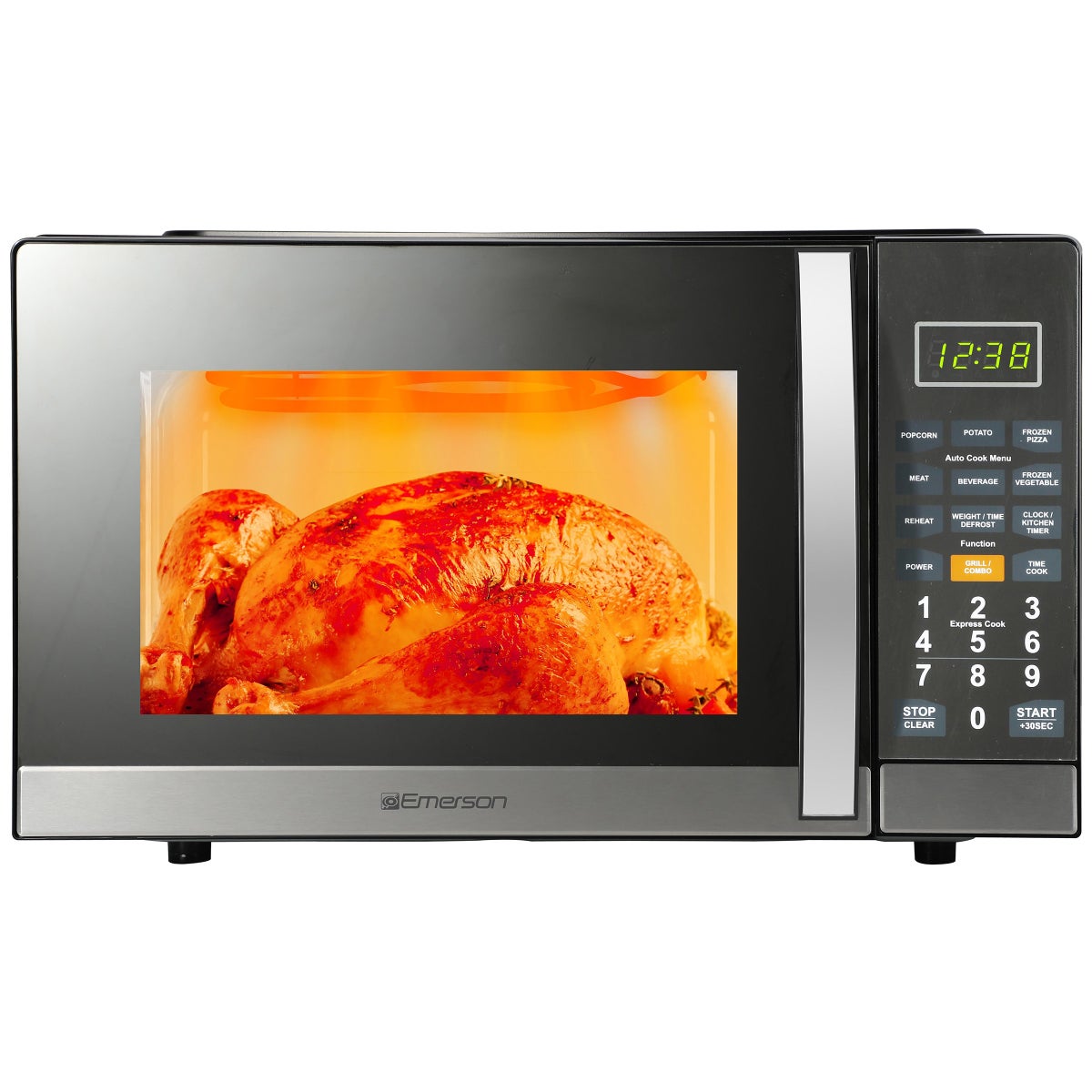NEW - Emerson 1.1 CF, 1100W, Stainless Steel, Mirror Finish, Microwave Oven With Grill