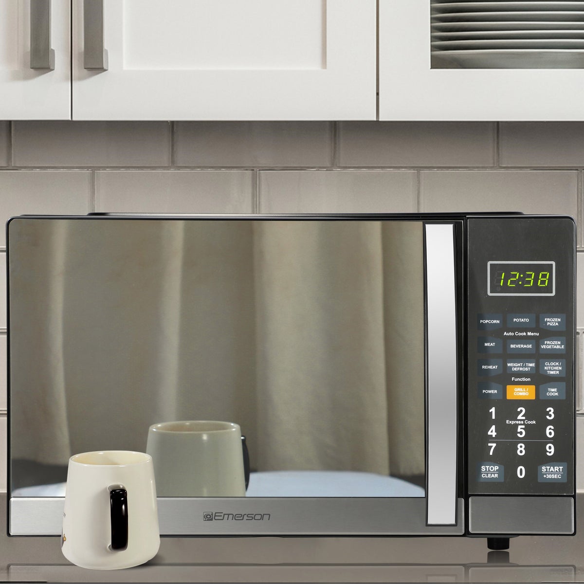 NEW - Emerson 1.1 CF, 1100W, Stainless Steel, Mirror Finish, Microwave Oven With Grill