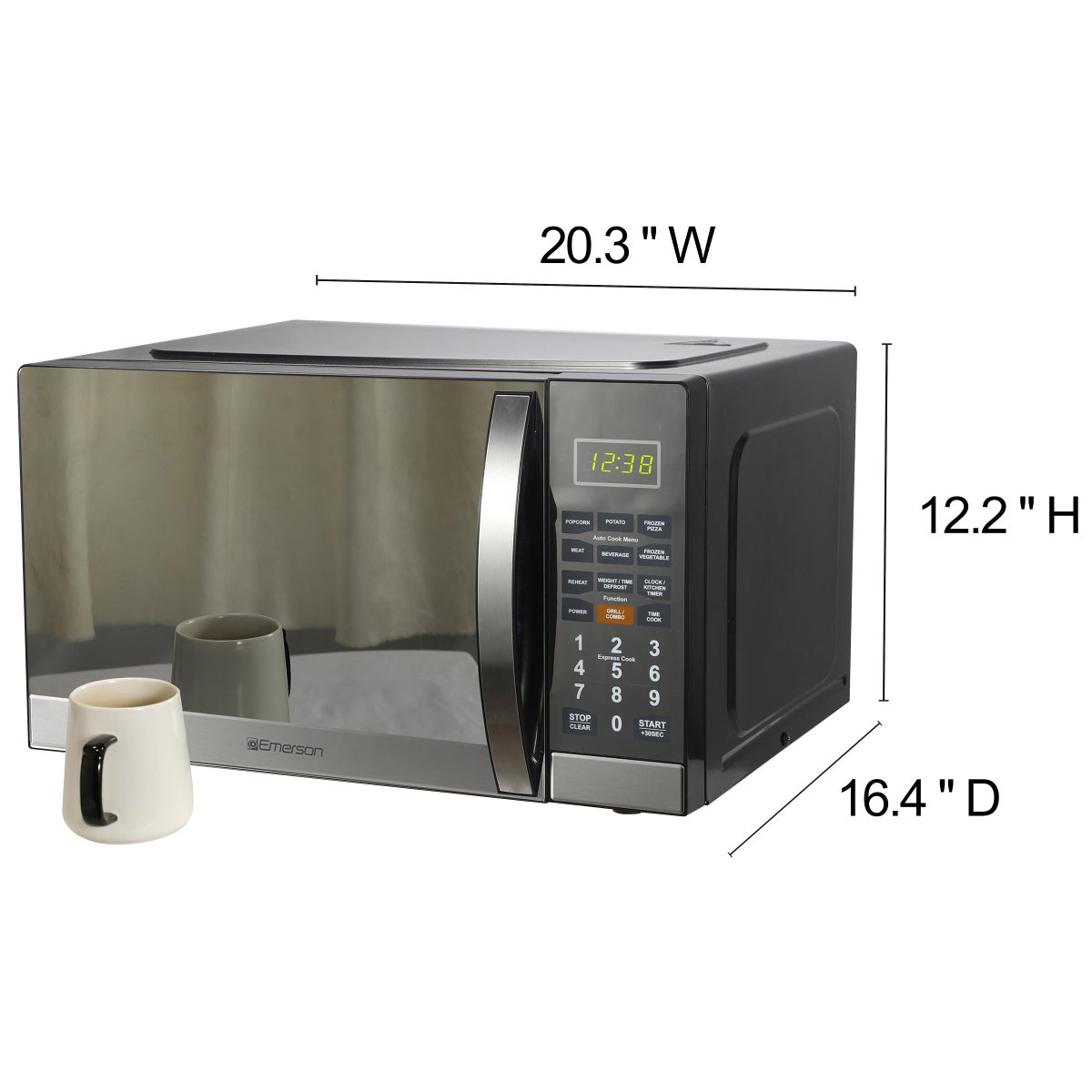 NEW - Emerson 1.1 CF, 1100W, Stainless Steel, Mirror Finish, Microwave Oven With Grill