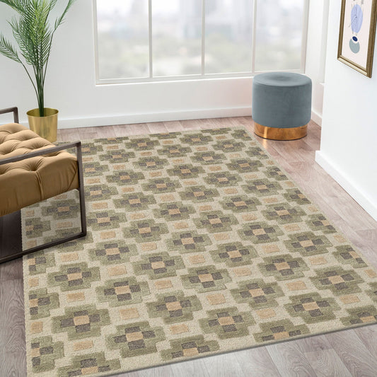 Obeetee Retro Hand Tufted Wool Area Rug, Glamour Green 3 ft x 5 ft