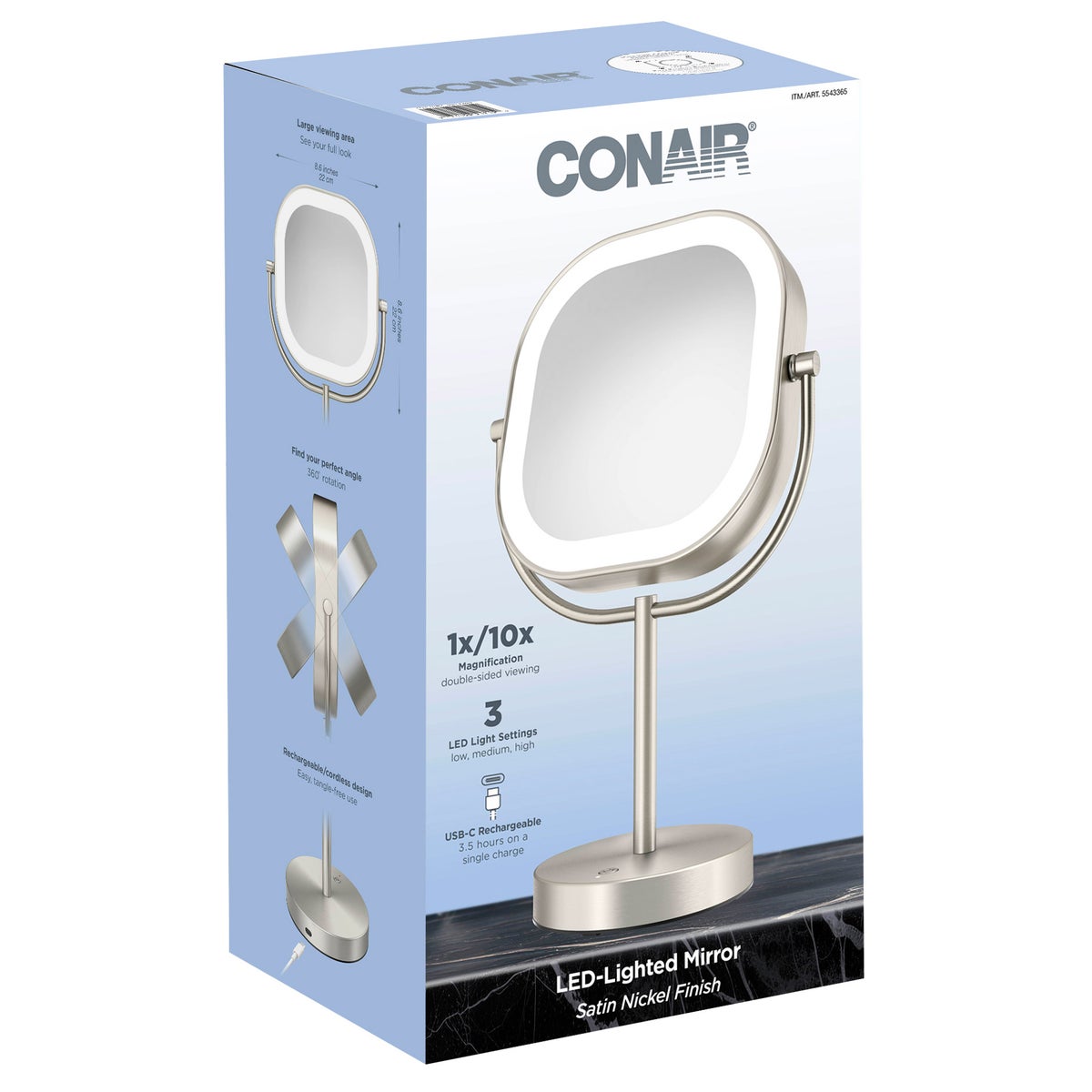 Conair LED Double-Sided 1x/10x Magnification Rechargeable Mirror