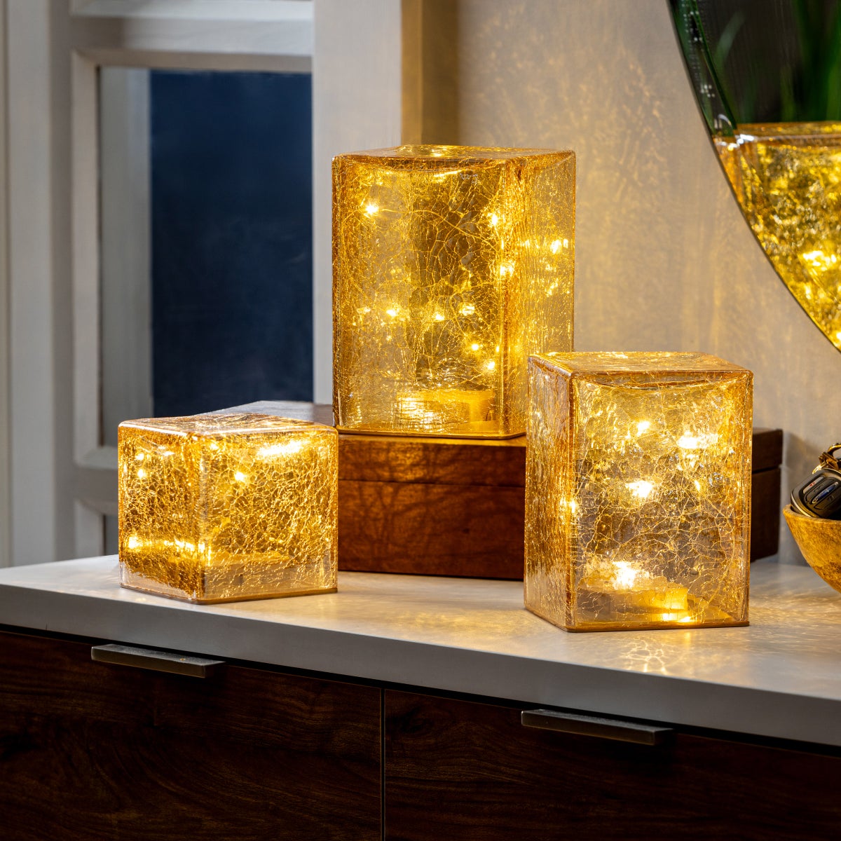 Evergreen LED Glass Cubes and Spheres Towers, Set of 3