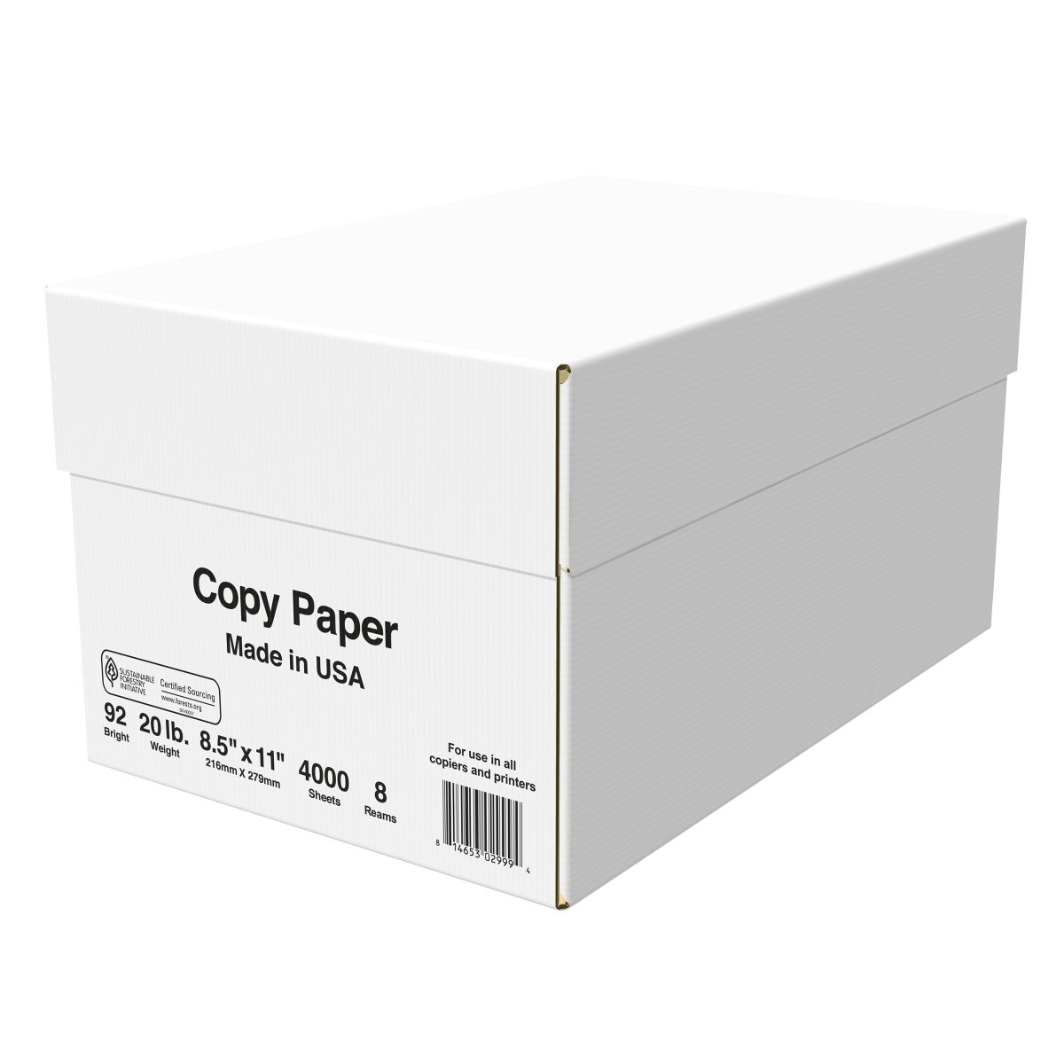 NEW - 8 Ream Copy Paper – 20lb 8.5"x11" 92 Bright White Paper. 4,000 Sheets – 500 Sheets per Ream