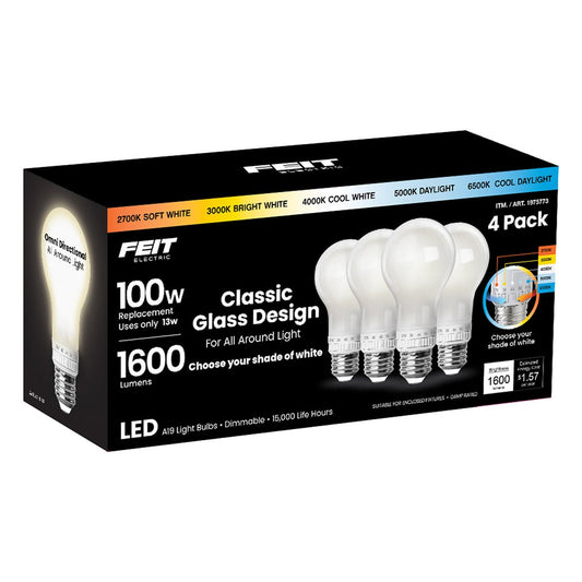 Feit Electric 100W Replacement 5-CCT LED Classic Glass A19 Bulbs, 4-pack