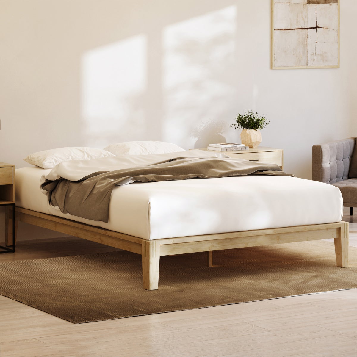 NEW - Resident Bamboo Platform King Bed Frame with Pine Slats, Natural Finish