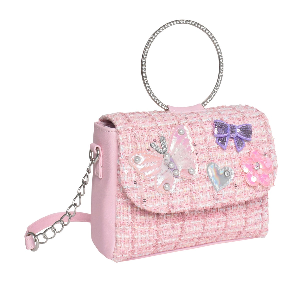 OMG Accessories Tweed Butterfly Applique Mini Flap Bag