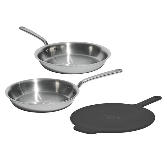 NEW - Made In 3-piece 5-ply Stainless Fry Pans with Universal Lid