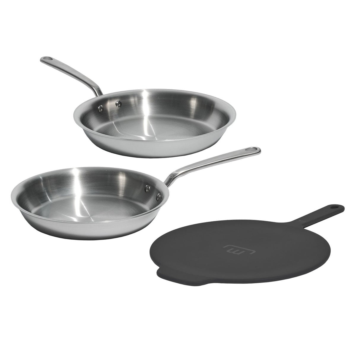 NEW - Made In 3-piece 5-ply 10" & 12' Stainless Fry Pans with Universal Lid