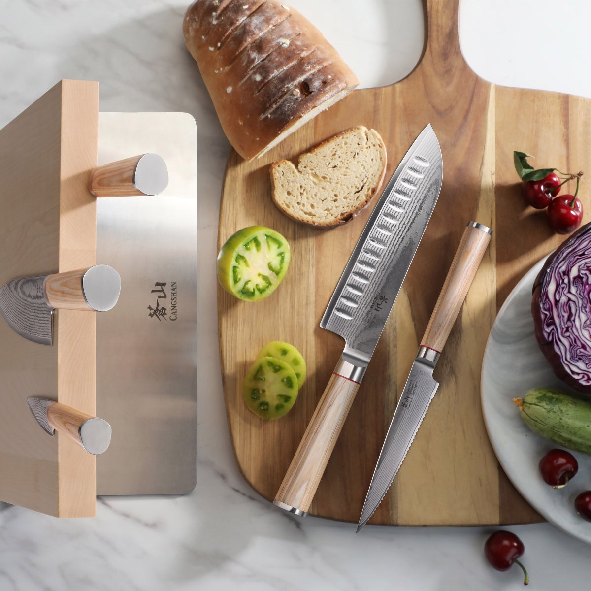 Cangshan Sobu Series 6-piece X-7 Damascus Steel Knife Block Set, Tan Pakka