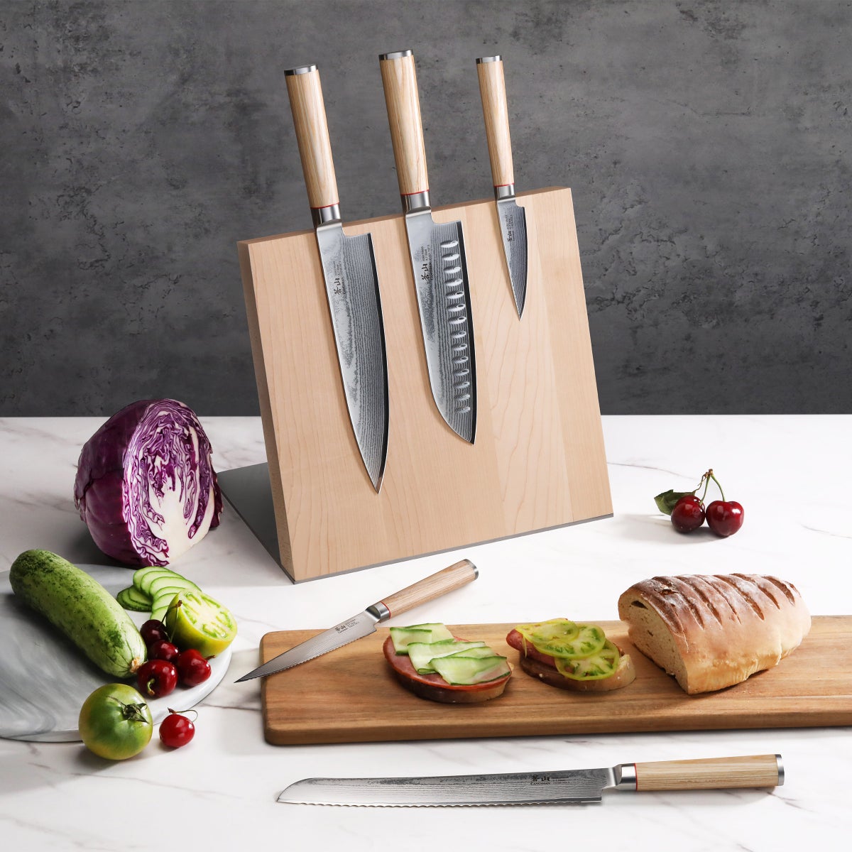 Cangshan Sobu Series 6-piece X-7 Damascus Steel Knife Block Set, Tan Pakka