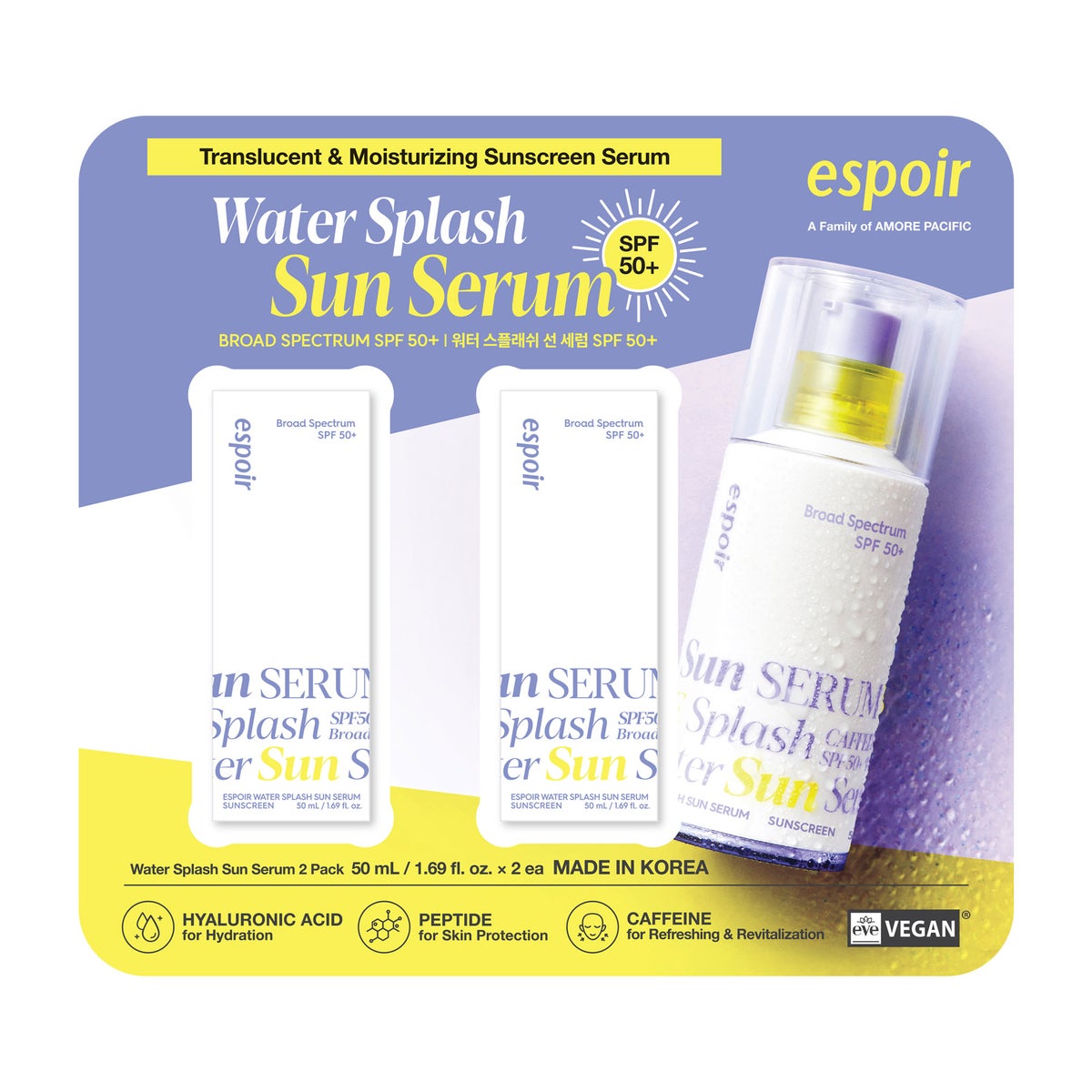NEW - espoir Water Splash Sun Serum Sunscreen SPF 50, 1.69 fl oz, 2-pack