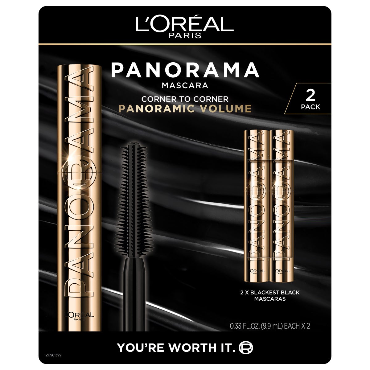 L'Oreal Paris Voluminous Panorama Mascara, Blackest Black, 0.33 fl oz, 2 -pack