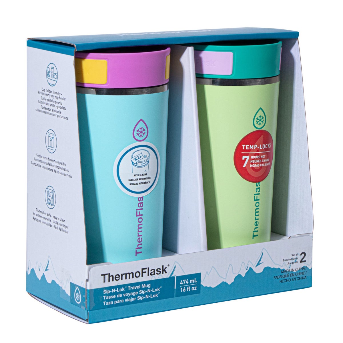 ThermoFlask 16 oz. Insulated Coffee Travel Mug with Sip-N-Lok Lid, 2-pack