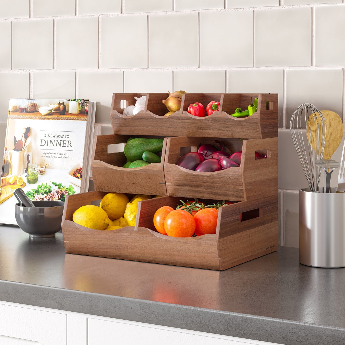 Seville Classics Acacia Stacking Bins, 4 piece