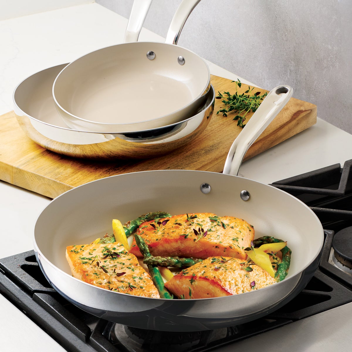 Tramontina 3-piece Tri-Ply Clad Stainless Steel Ceramic Nonstick Fry Pan Set - Taupe