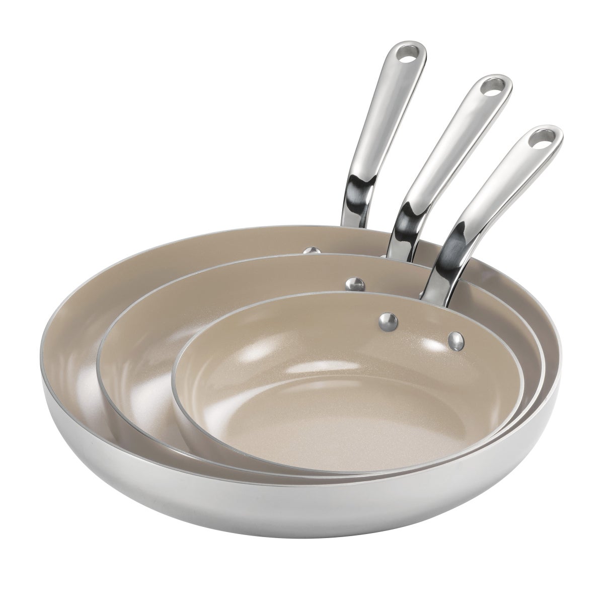 Tramontina 3-piece Tri-Ply Clad Stainless Steel Ceramic Nonstick Fry Pan Set - Taupe