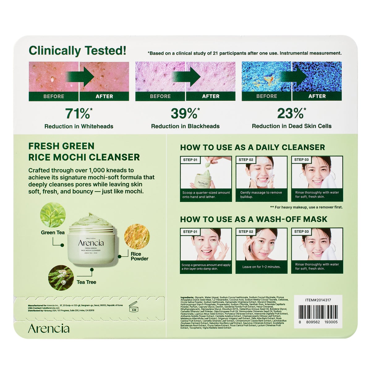 Arencia Fresh Green Rice Mochi Cleanser 4.23 fl oz, 2-pack