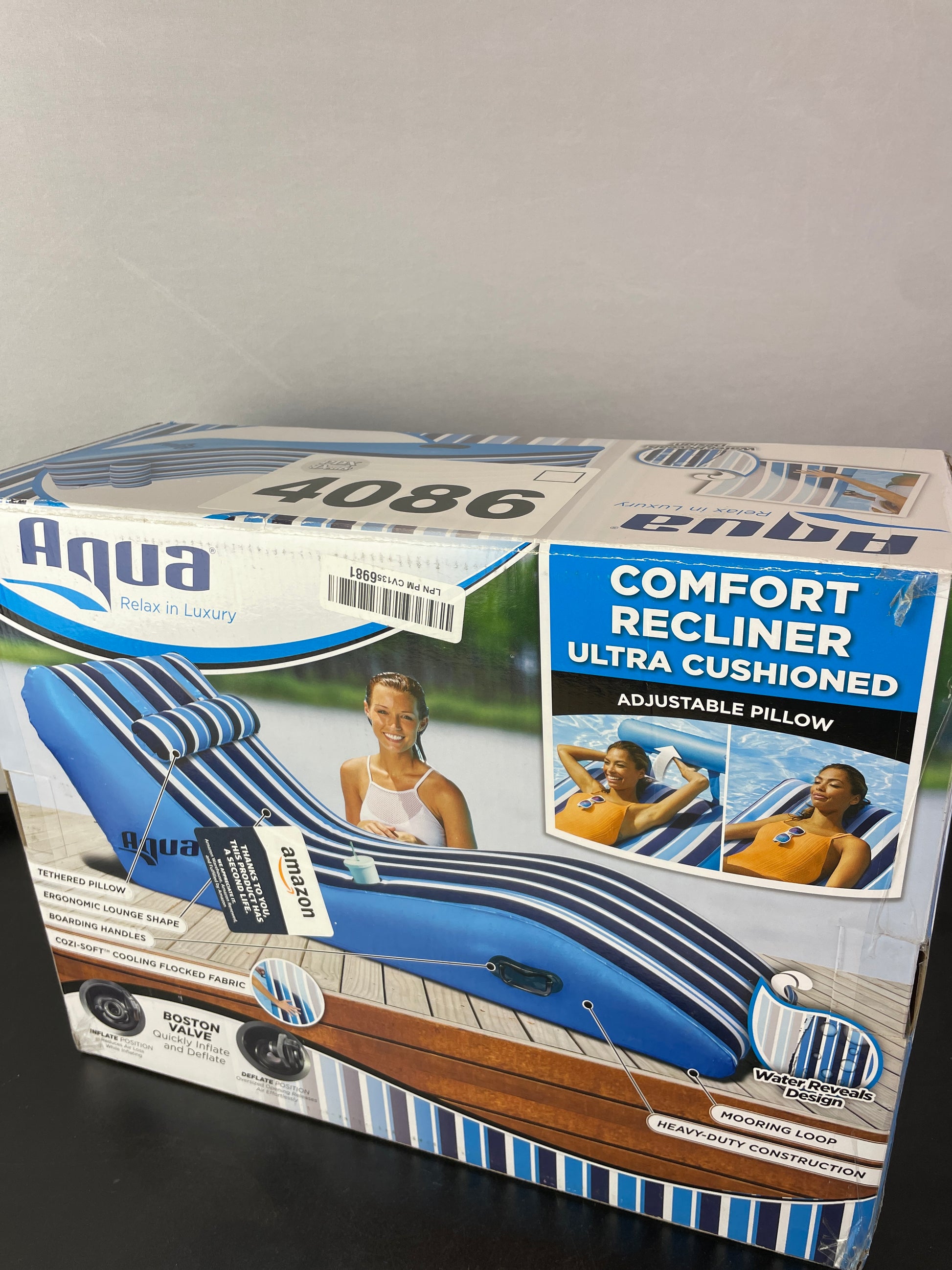 Aqua Ultra-Comfort Floating Pool Chair & Lake Raft with Pillow â€“ 1-Person Heavy DutyÂ Pool Float, Lake Floating ChairÂ â€“ Navy/White Stripe - Retail $65