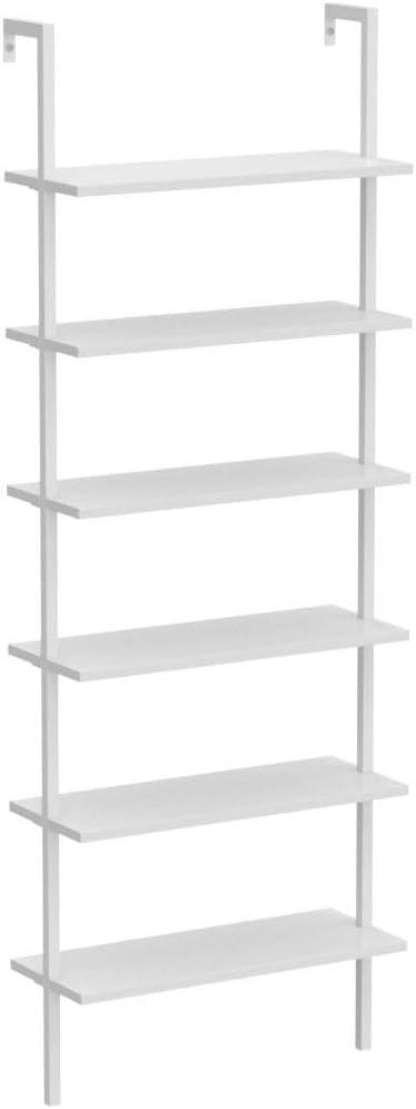 NEW - Nathan James Theo 6-Shelf Tall Modern Bookshelf, Wall Mount Ladder Shelf Bookcase with Wood and Industrial Metal Frame, Matte White - Retail $199