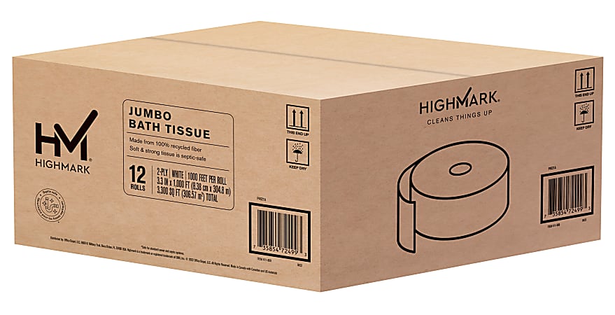 Highmark® 2-Ply Jumbo Toilet Paper, 1000' Per Roll, Pack Of 12 Rolls