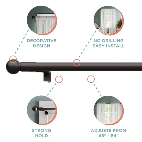 Zenna Home Adjustable Curtain Tension Rod with Decorative Round Finials, No Drill Window Rod, Easy Install Expandable Tension Curtain Rod for Windows, 48 to 84 Inch, Bronze