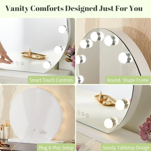 YOKUKINA Vanity Mirror with Lights, 20" LED Hollywood Lighted Makeup Mirror with 12 Light Bulbs, Smart Touch and 3 Color Modes, White