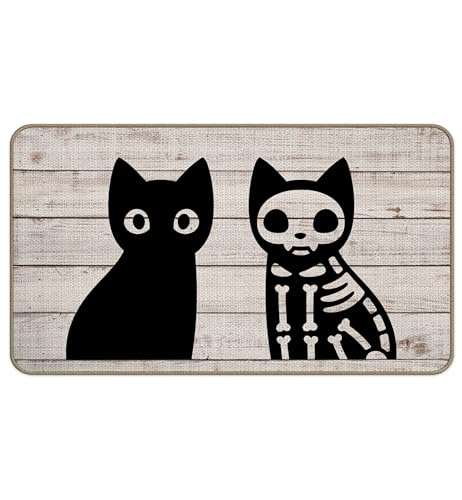 Black Cat and Skeleton Black Cat Door Mat Quirky Cool Checkered Doormat Welcome Mat Housewarming Gift New Home Closing Gift Front Door Mat for Home Entrance, Yard, Patio, 16x24 Inches